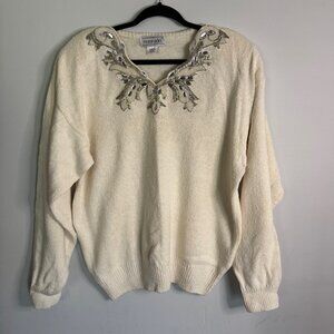 Vintage Maurada Women's Cream V-Neck Bead and Rhinestone Embellished Sweater